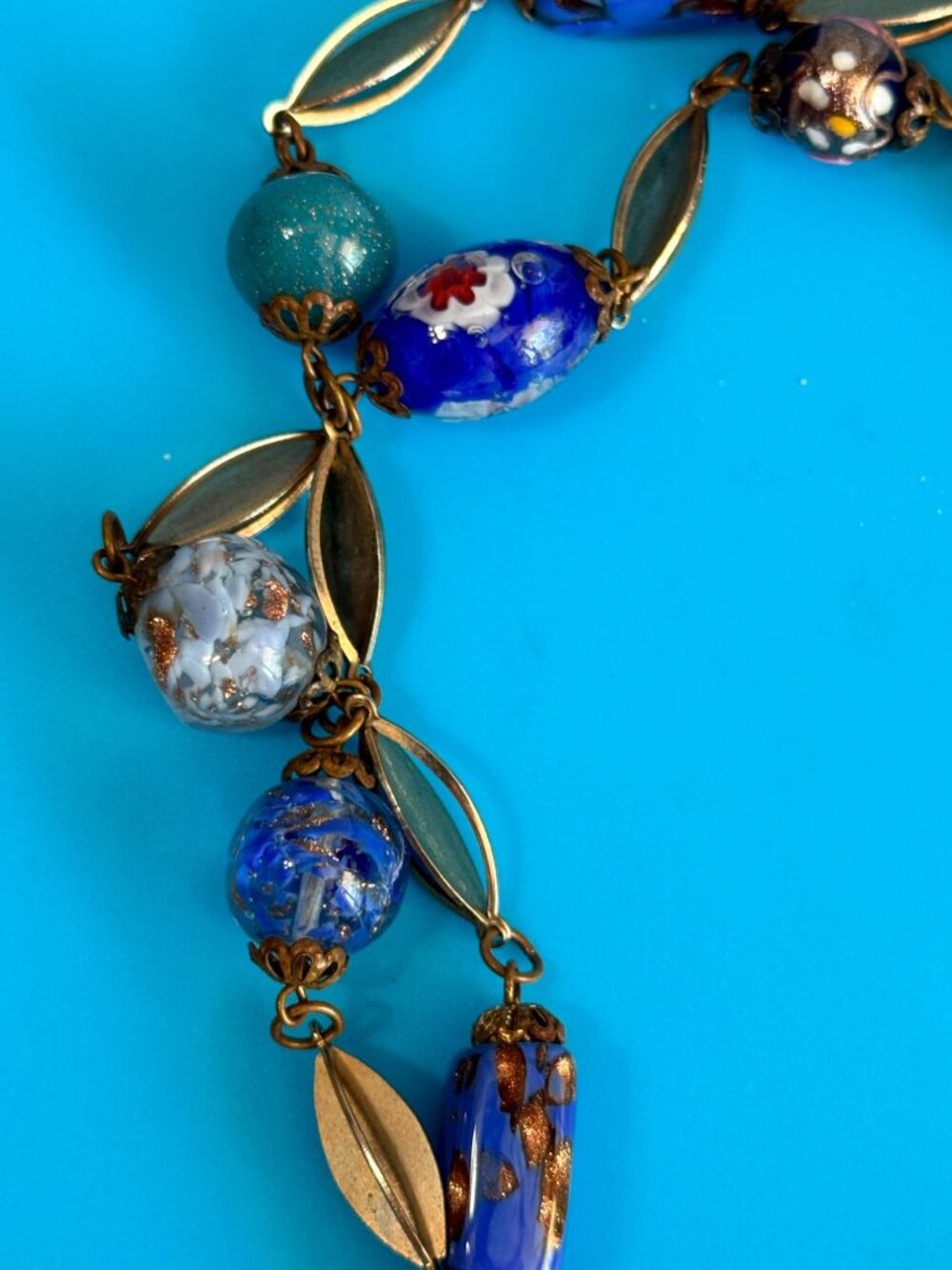 Vintage Venetian Murano Wedding Cake Glass Bead Necklace Blue Aventurine 17" - Picture 5 of 16